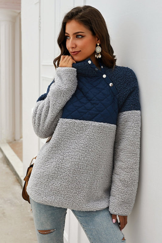 Mujer, cuello alto botones jersey de felpa