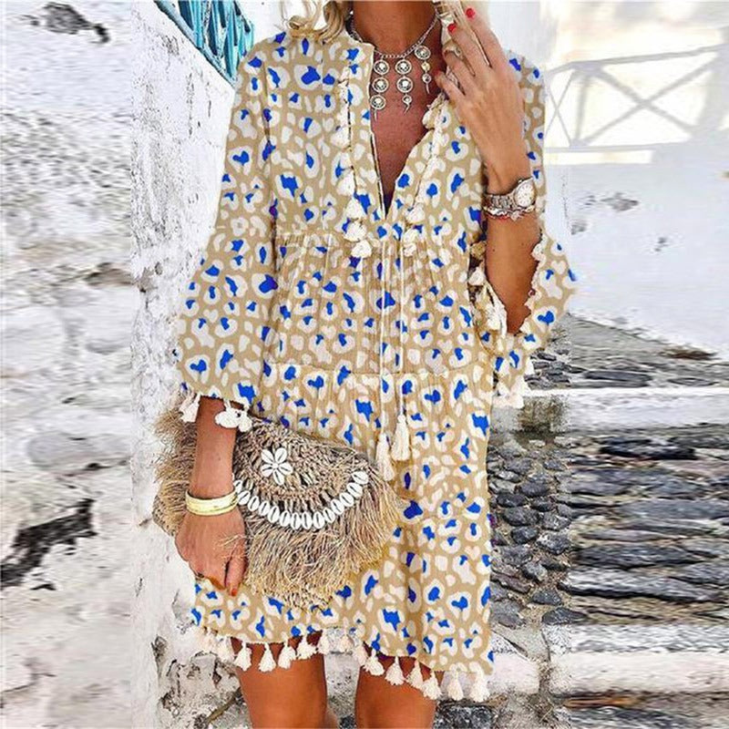 Damska Sukienka Mini Boho Z Frędzlami