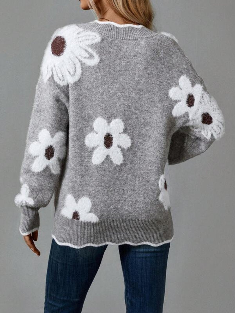 Damski Sweter w Kwiaty z Dekoltem w Serek