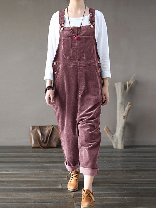 -corduroy plain casual pocketed jumpsuit