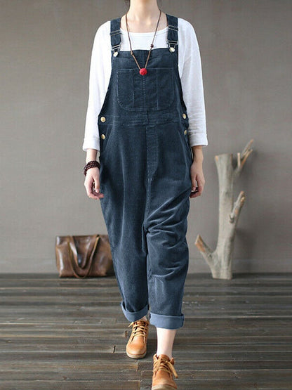 -corduroy plain casual pocketed jumpsuit