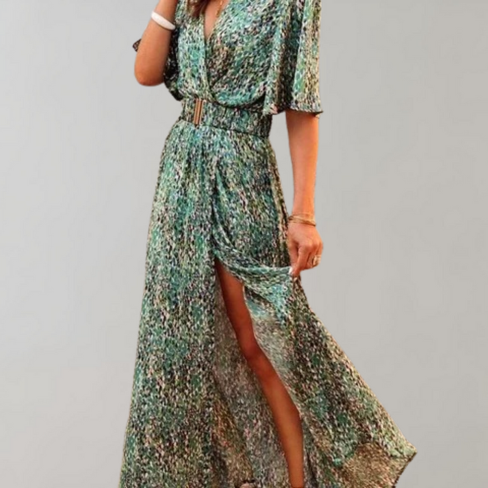 Vestido largo fluido con escote profundo y mangas anchas
