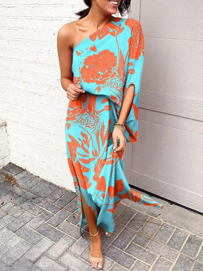 Slant shoulder loose bohemian dress