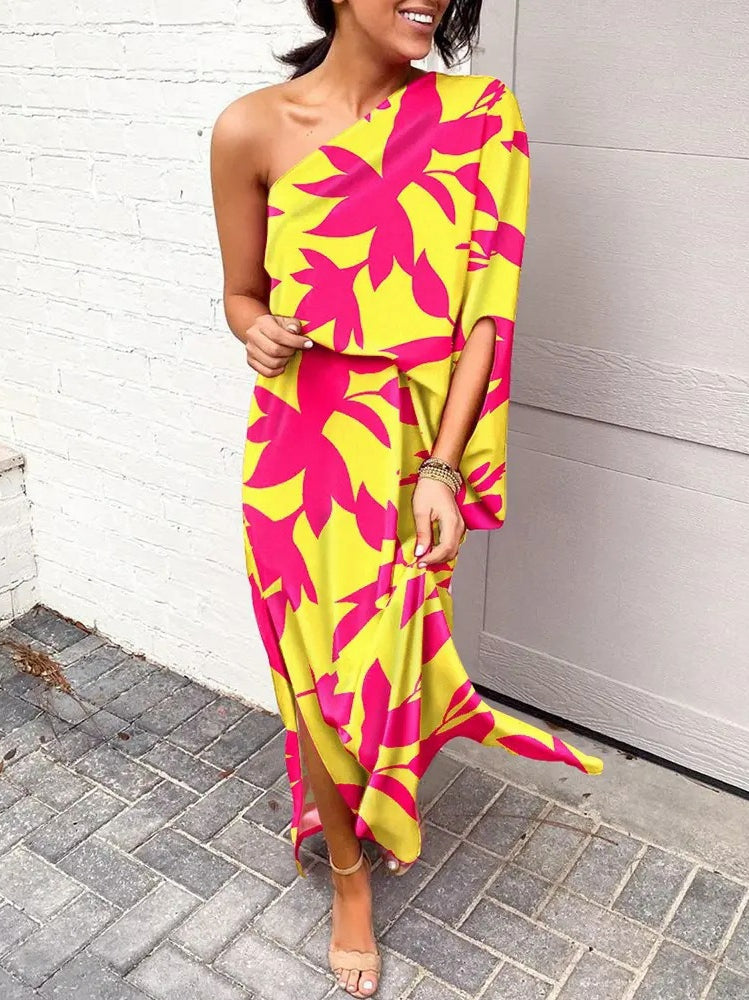Slant shoulder loose bohemian dress