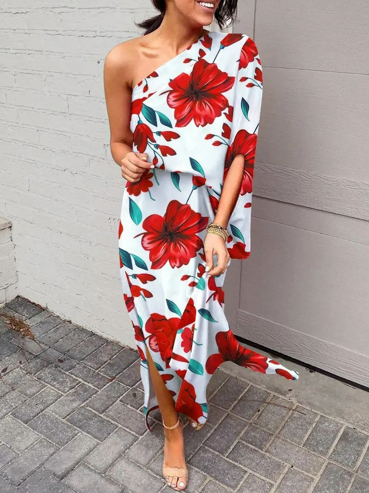 Slant shoulder loose bohemian dress
