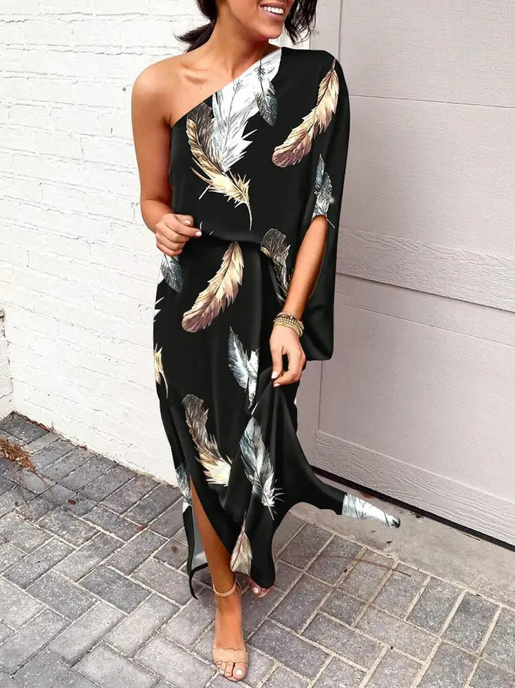 Slant shoulder loose bohemian dress