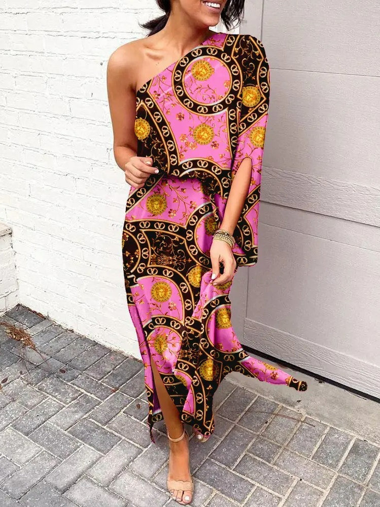 Slant shoulder loose bohemian dress