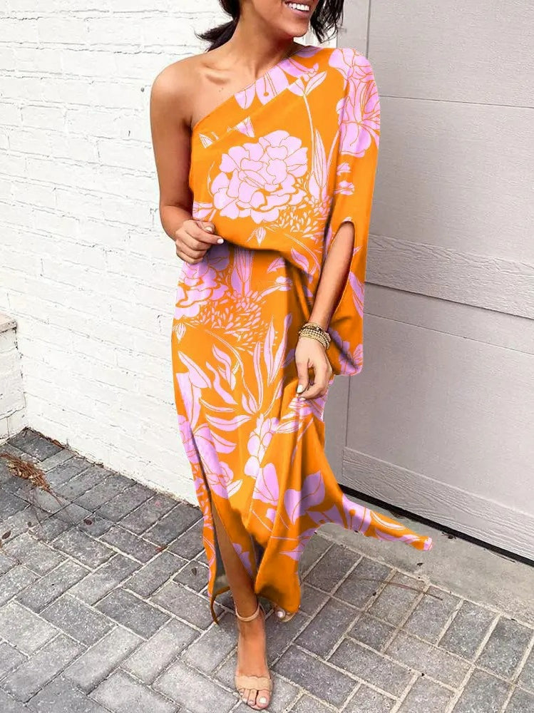 Slant shoulder loose bohemian dress