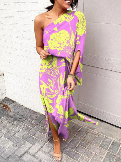 Slant shoulder loose bohemian dress