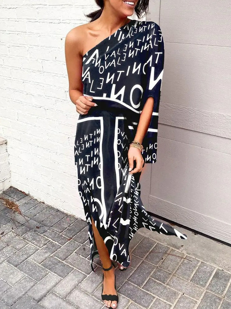 Slant shoulder loose bohemian dress