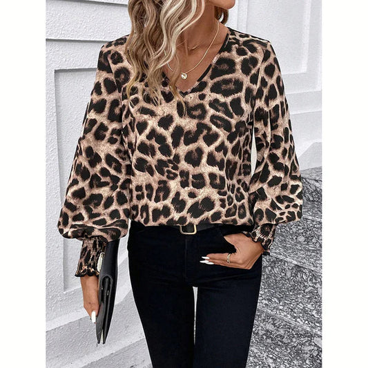 Mandy - Blusa de mujer de manga larga, corte entallado y estampado de leopardo